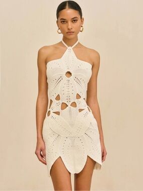 Cult Gaia Floreana Hand Crochet Knit Cutout Mini Dress Off White